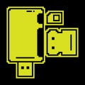 Pixel silhouette icon. Adapter for connecting external carriers of digital information. Simple black and yellow vector isolated Royalty Free Stock Photo