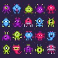 Pixel space monsters. Arcade video games robots, retro game invaders pixel art isolated vector set