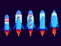 Pixel spaceships icon set. Space rockets in 8-bit retro graphic style of the 80s. Spaceships in pixel art style. Design for