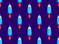 Pixel spaceships seamless pattern. Space rockets in 8-bit retro graphic style of the 80s. Spaceships in pixel art style. Design