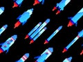Pixel spaceships seamless pattern. Space rockets in 8-bit retro graphic style of the 80s. Spaceships in pixel art style. Design