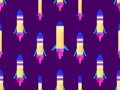 Pixel spaceships seamless pattern. Space rockets in 8-bit retro graphic style of the 80s. Spaceships in pixel art style. Design