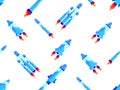 Pixel spaceships seamless pattern. Space rockets in 8-bit retro graphic style of the 80s. Spaceships in pixel art style. Design