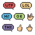 Pixel Speech Bubbles Words and hand sign, pixelated speech bubble set