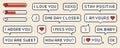 Pixel speech bubbles with worlds and phrases of love theme. Vector dialogue boxes with hearts. Chat speech or dialogue