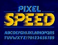 Pixel Speed alphabet font. Wind effect digital letters and numbers. Pixel background. Royalty Free Stock Photo