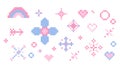 Pixel star sparkle cute retro 8 bit sparkle set. Shiny pink game pixel art effect set. Firework burst, arrow, space