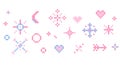 Pixel star sparkle cute retro 8 bit sparkle set. Shiny pink game pixel art effect set. Firework burst, arrow, space