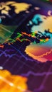 Pixel stock market graph overlayed on a world map for global analysis.