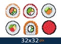 Pixel style icon seafood rolls. Vector