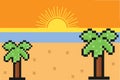 Pixel Summer vacation landscape. Palm trees at sunset in pixel art style Royalty Free Stock Photo