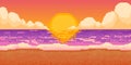 Pixel sunset beach. Game retro sea landscape. 8-bit background sunrise ocean scene, Hawaii cloudy sky with sun, night Royalty Free Stock Photo