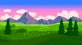 Pixel sunset landscape with fields and mountains Royalty Free Stock Photo