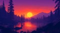 Pixel Sunset Landscape with River and Mountains Royalty Free Stock Photo
