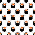 Pixel sushi seamless pattern. 8-bit sushi roll with caviar. Pixel art japan traditional food. Japanese cuisine