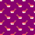 Pixel sushi seamless pattern. 8-bit sushi roll with chopsticks. Pixel art japan traditional food. Japanese cuisine