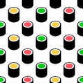 Pixel sushi seamless pattern. 8-bit sushi roll different types. Pixel art japan traditional food. Japanese cuisine