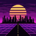 Pixel synthwave highway with city and sun background