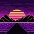 Pixel synthwave neon highway with mountains and sun background Royalty Free Stock Photo