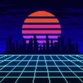 Pixel synthwave neon mesh with city and sun background