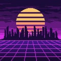 Pixel synthwave purple grid with dark city and sun background