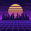 Pixel synthwave purple mesh with night city and sun background