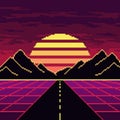 Pixel synthwave purple road with mountains and sun background.