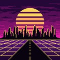 Pixel synthwave road with city and sun background