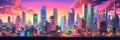 Pixel town cityscape filled with pixelated buildings, vehicles .