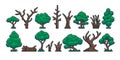 Pixel tree trunk. Retro 8 bit video game sprite asset, green trees old dry stump trunk and log game interface objects