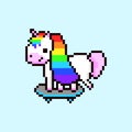 Pixel unicorn on skateboard. Cute mythical animal with rainbow mane rides around happily