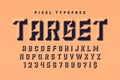 Pixel vector alphabet design, stylized like in 8-bit games. Chisel crafted.