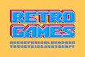 Pixel vector alphabet design, stylized like in 8-bit games. High contrast and sharp, retro-futuristic.