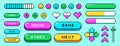 Pixel video game graphic elements, ui buttons, arrows, menu icons in 8bit retro style