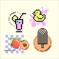 Pixel Y2k retro sticker. Funny summertime art. Fluid shapes and pixelated ice-cream, duck, peach, drink. Abstract shapes