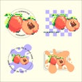 Pixel Y2k retro stickers with peaches. Funny summertime fruit. pixelated icons. abstract shapes and 8bit icons in trendy