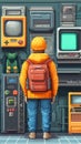 Pixelated adventurer in 1980s arcade style with vibrant colors and nostalgic gaming vibe