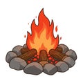 Pixelated Campfire with Burning Logs and Orange Flames Surrounded by Grey Stones Royalty Free Stock Photo