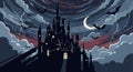 Pixelated Castle Silhouette Under Crescent Moon with Bats and Lightning in Cloudy Nightscape Royalty Free Stock Photo