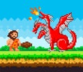 Pixelated caveman holding baton fighting against three-headed dragon breathing fire in pixel-game