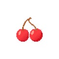 Pixelated cherries with simple design. Two red cherries connected by stems in pixel art style. Royalty Free Stock Photo