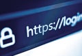 Pixelated closeup of internet web browser search bar with https and security icon in blue