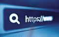 Pixelated closeup view of internet browser address bar with https and search icons in blue Royalty Free Stock Photo