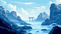 Pixelated Coastal Scene With Torii Gate Royalty Free Stock Photo