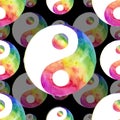 Pixelated colorful halftone yin yang icon drawn with rainbow color tints with horizontal gradient on a black background. Bright Royalty Free Stock Photo