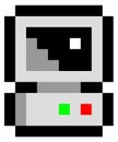 A pixelated computer monitor with a green button and a red button