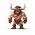 Highly Detailed Pixel Art Demon With Horns - Traditional Animation And Oil Painting Style