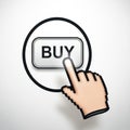 Pixelated Cursor Hand Clicking on a White Button with the Word BUY Inside a Black Circle Royalty Free Stock Photo