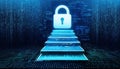 Pixelated data steps leading to a padlock icon against a dark matrix-like encrypted field