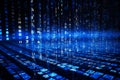 Pixelated data stream, binary code and encryption concept on digital interface with glowing dots